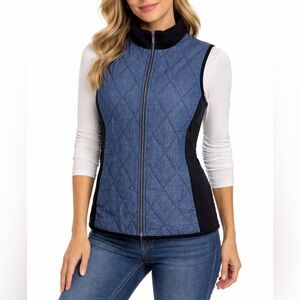 Chico’s Quilted Denim Zip Up Vest Size 0 Blue Black Trim Lightweight Jacket